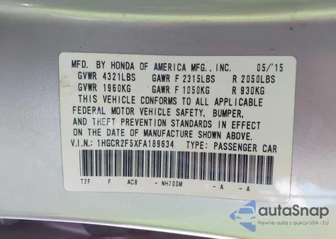 2015 Honda Accord Sport z USA, uszkodzony, nr VIN 1HGCR2F5XFA189634